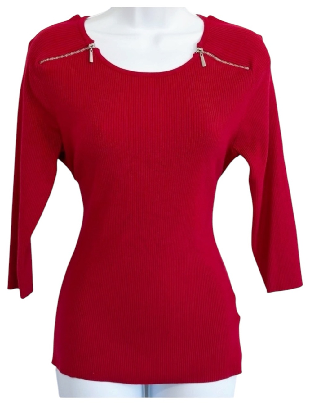PHILOSOPHY Red Ribbed Knit Sweater Zip Shoulder 3/4 Sleeve Fitted Top Large